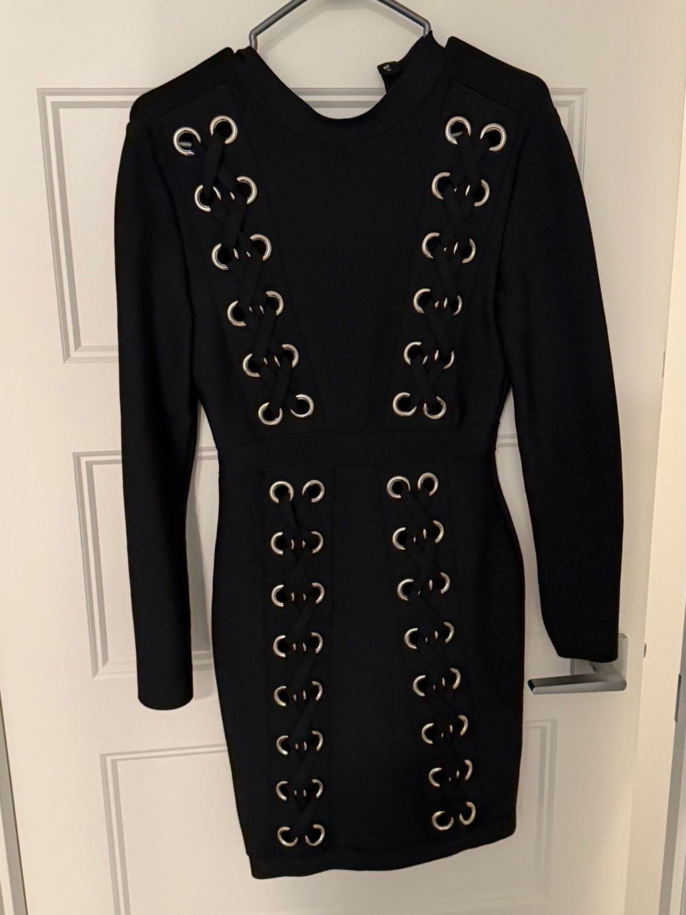 Black Lace-Up Eyelet Long Sleeve Bodycon Dress